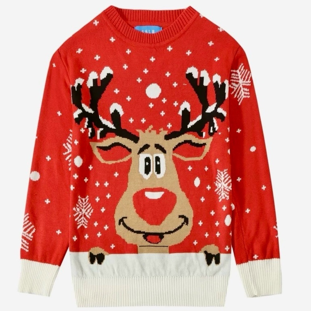 SSLR Ugly Christmas Knit Sweater Red Funny Holiday Reindeer Big Boy’s M